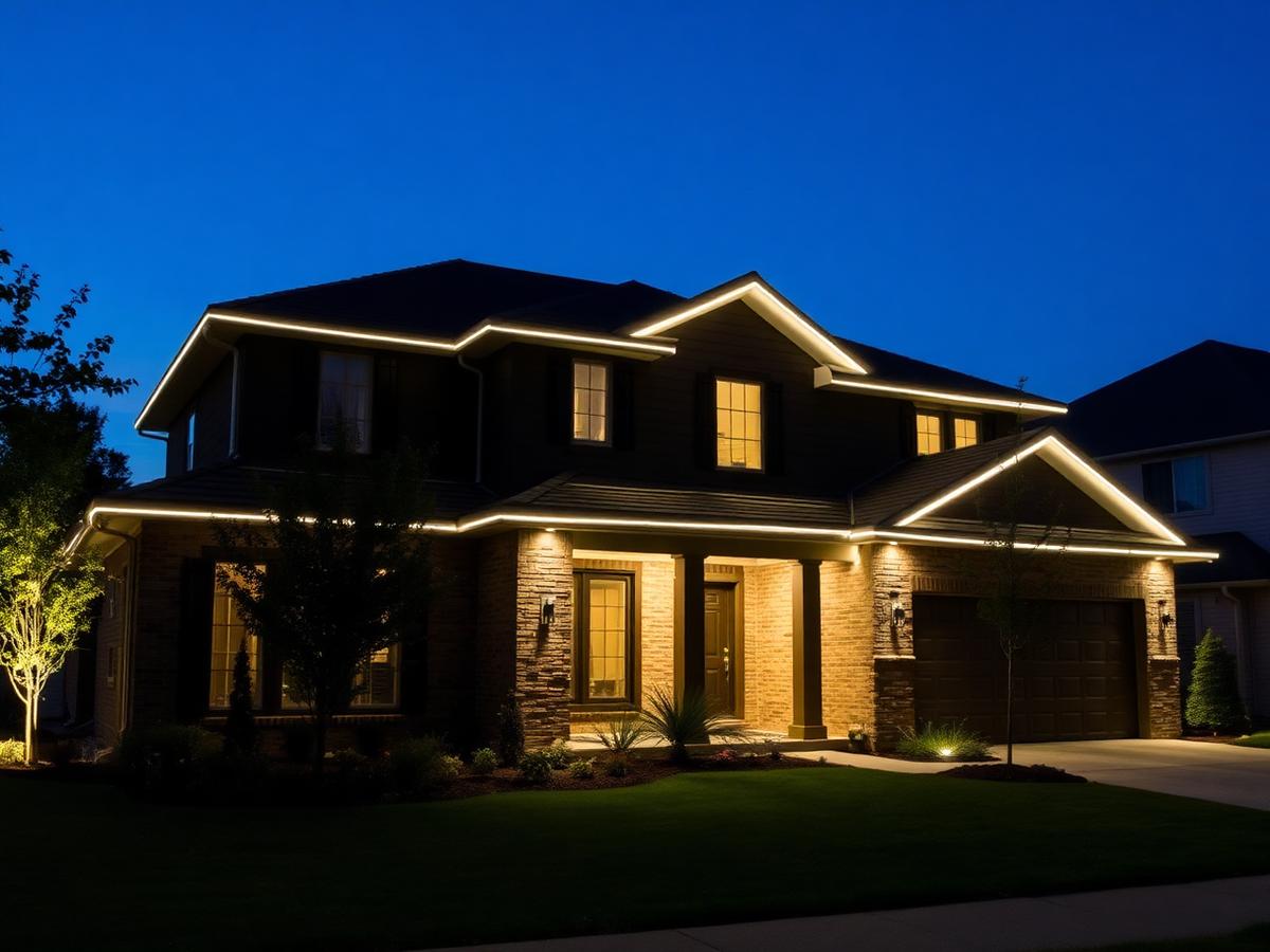 Two-story home with warm white permanent LED roofline lighting