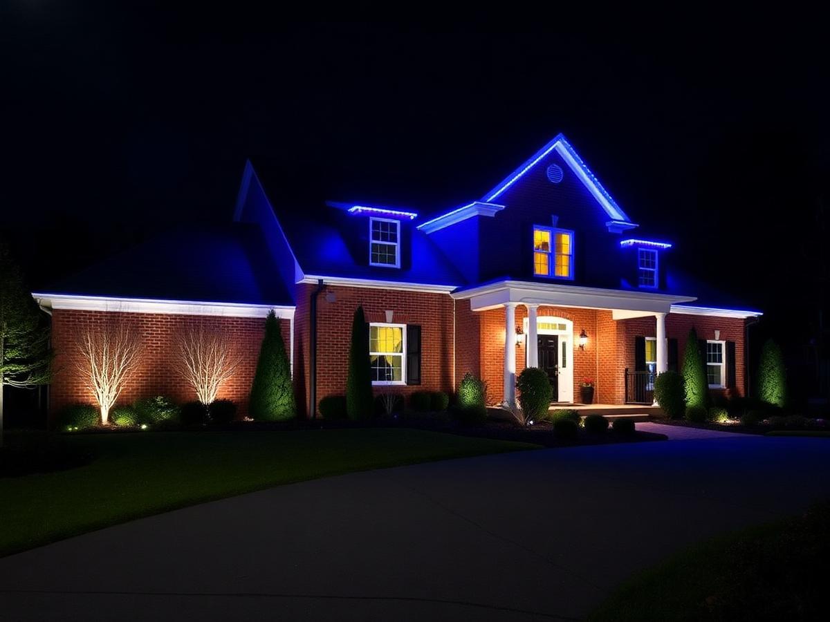 Brick colonial home with blue permanent LED accent lighting