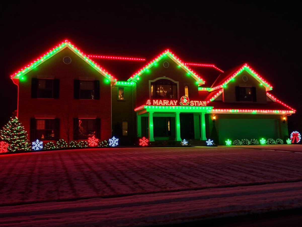 Home with red and green permanent LED holiday lighting