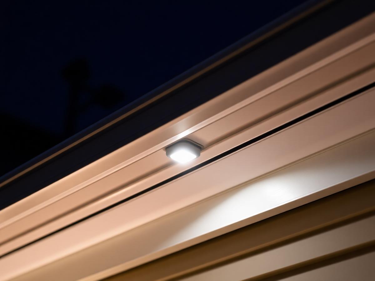 Close-up of discreet LED channel track under a roof soffit