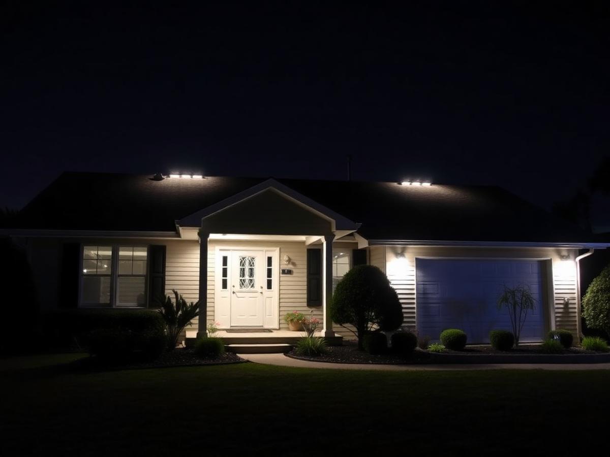 Ranch home with cool white permanent LED roofline lighting