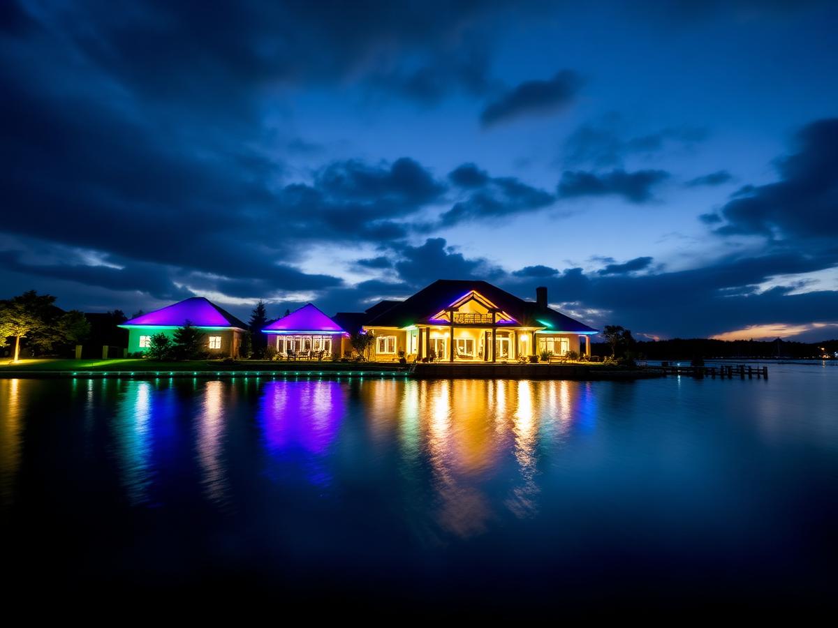 Lakefront home with purple and teal permanent LED lighting